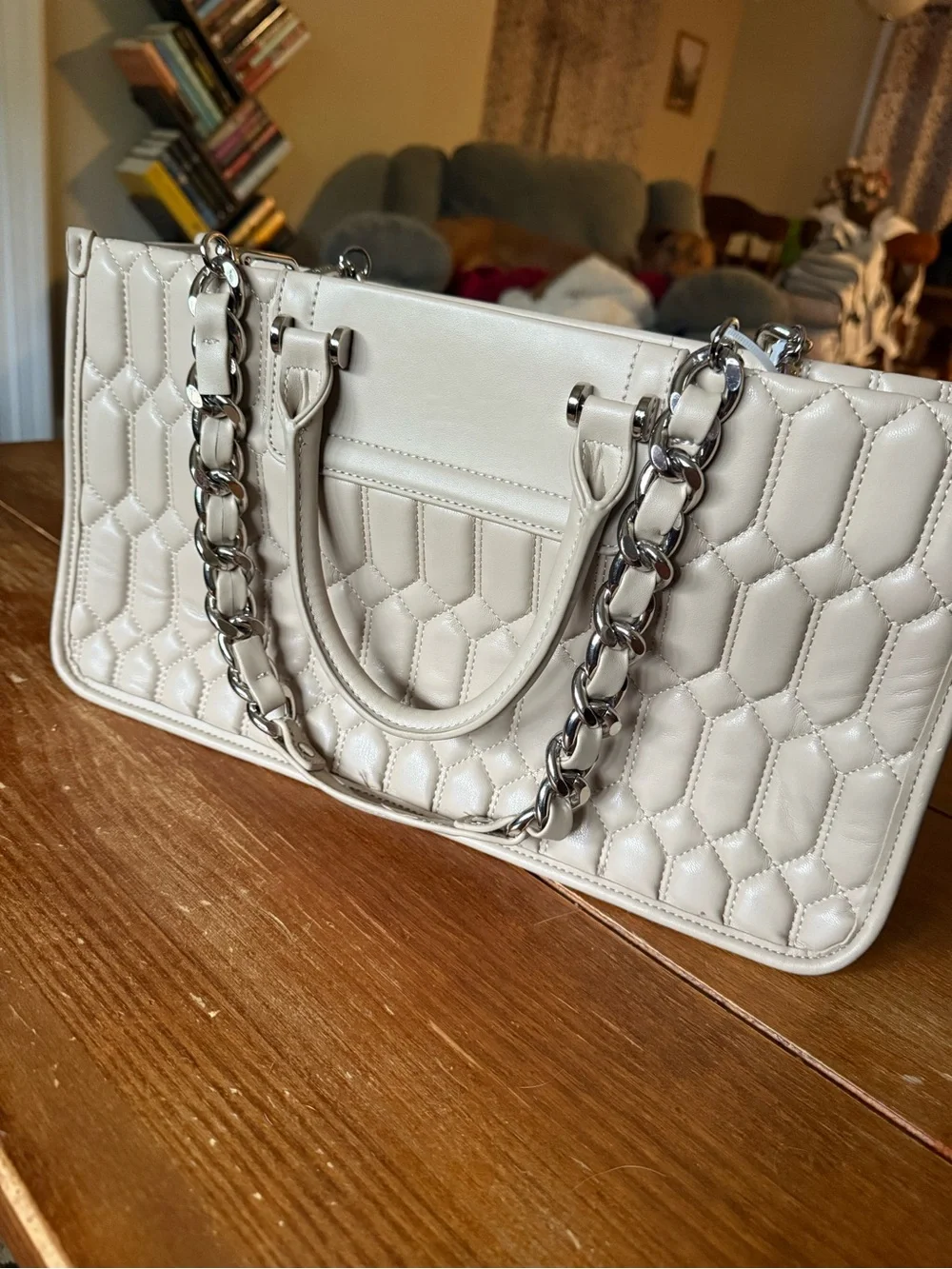 Steve Madden Quilted Cream Satchel with Silver Chain Handles